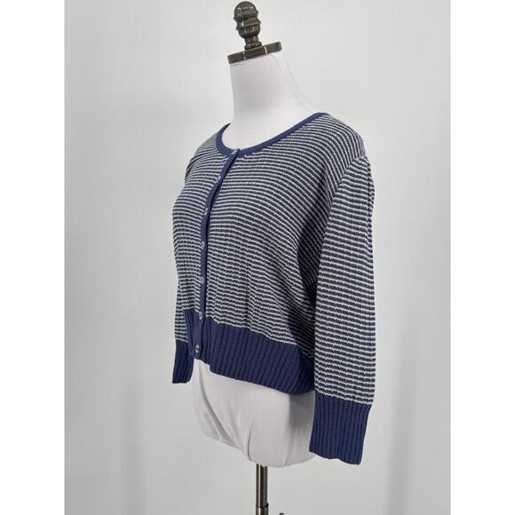 St. John Sport Blue White Striped 3/4 Sleeve Cardigan Sweater Sz P - Picture 3 of 6